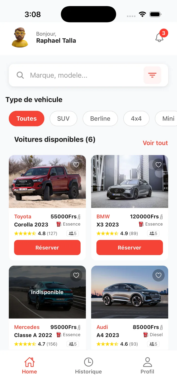 Écran d'accueil de l'application RaphyCar