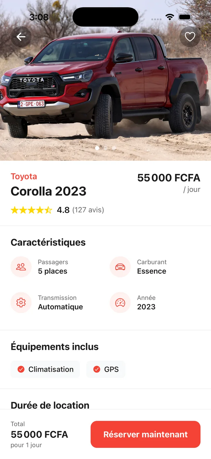 Fiche d'un véhicule avec ses tarifs